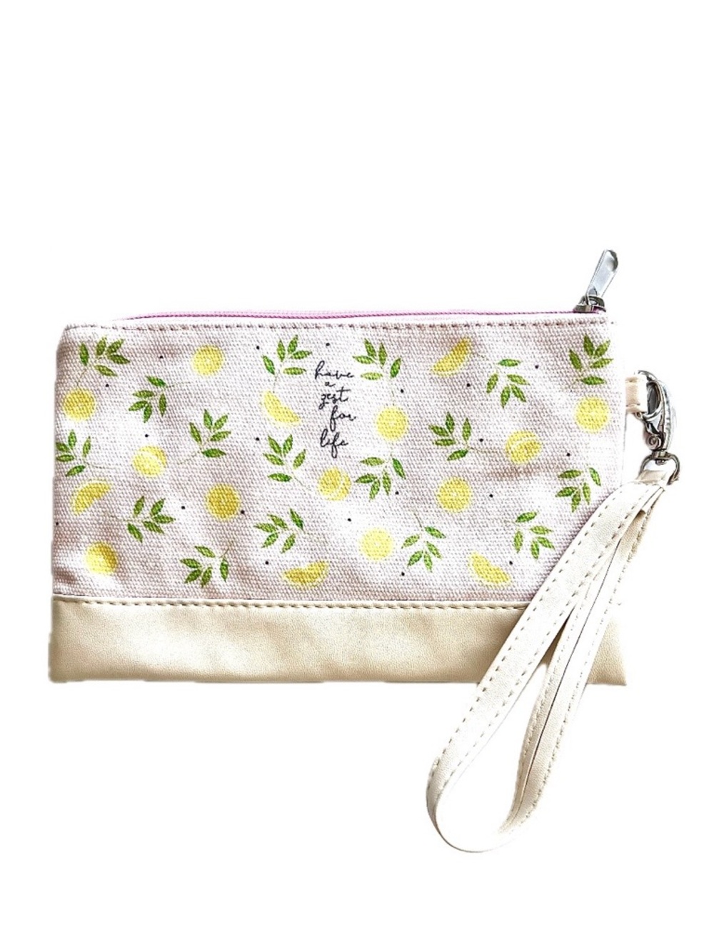 Zest for Life Lemon Print Wristlet Pouch with Faux Leather Trim Pink and Cream
